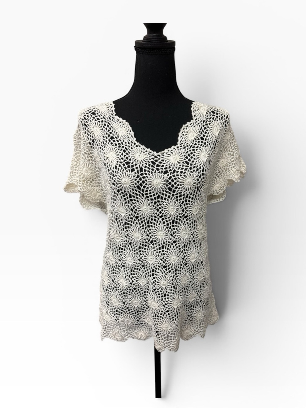 Cream Crochet Lace Boho Top Floral Open Knit Beach Resort Cover Up Chic Tee